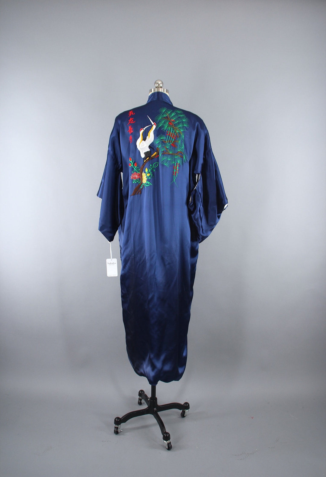 1970s Vintage Satin Kimono Robe with Embroidered Asian Crane Birds - ThisBlueBird