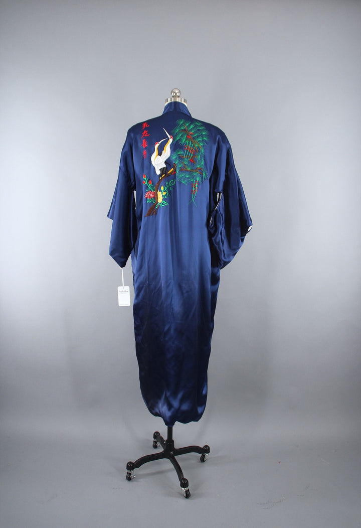 1970s Vintage Satin Kimono Robe with Embroidered Asian Crane Birds - ThisBlueBird