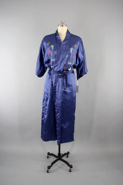 1970s Vintage Satin Kimono Robe with Embroidered Silk Butterflies - ThisBlueBird