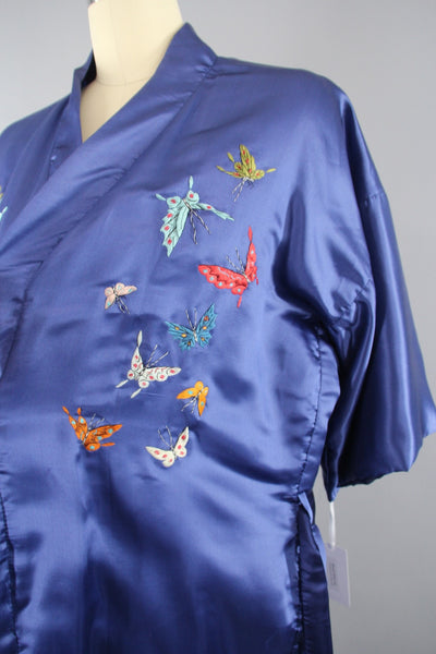 1970s Vintage Satin Kimono Robe with Embroidered Silk Butterflies - ThisBlueBird
