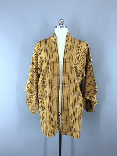 1970s Vintage Silk Haori Kimono Cardigan Jacket in Brown Plaid - ThisBlueBird