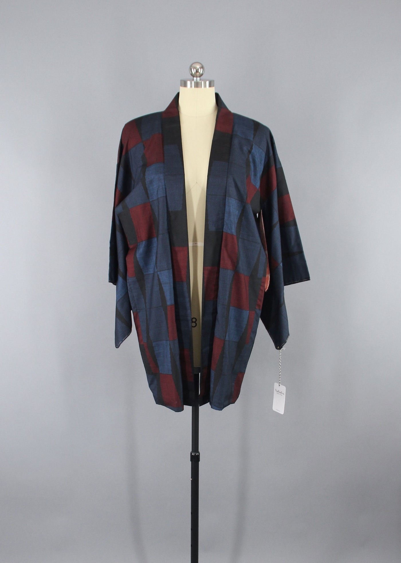 1970s Vintage Silk Haori Kimono Jacket Cardigan / Blue Maroon Tiles - ThisBlueBird