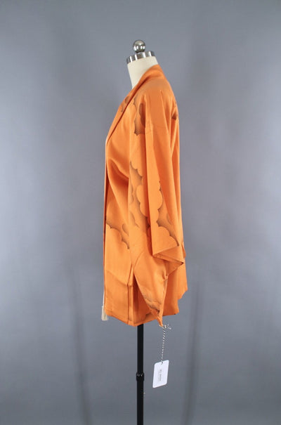 1970s Vintage Silk Haori Kimono Jacket Cardigan/ Bright Orange Clouds - ThisBlueBird
