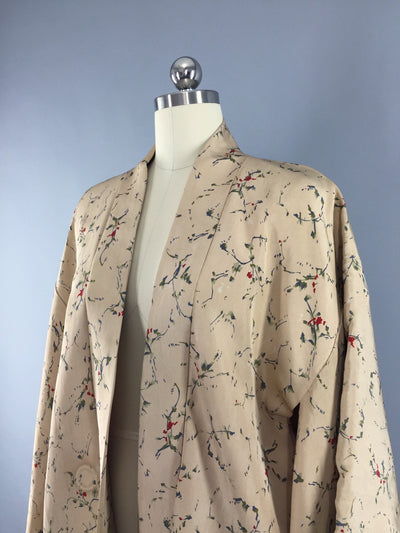1970s Vintage Silk Kimono Jacket / Silk Haori Kimono Cardigan / Tan Abstract Print - ThisBlueBird