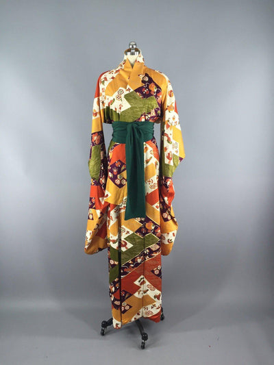 1970s Vintage Silk Kimono Robe Dressing Gown Furisode - ThisBlueBird
