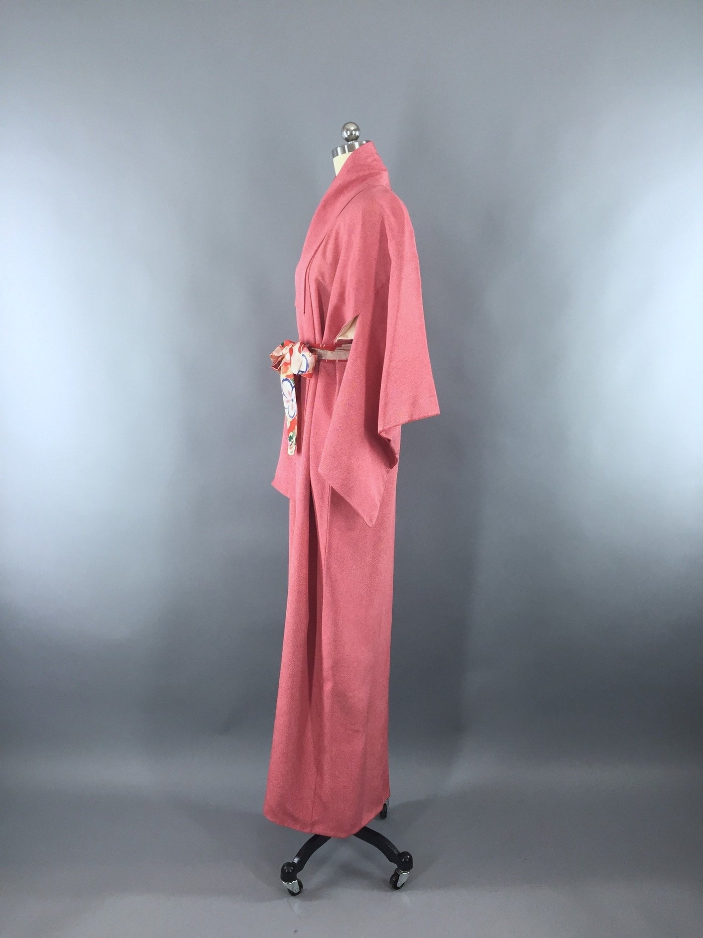 1970s Vintage Silk Kimono Robe in Watermelon Pink Polka Dots - ThisBlueBird