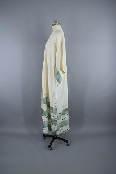 1970s Vintage Silk Kimono Robe / Ivory & Blue Green Watercolor - ThisBlueBird