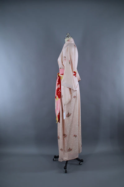 1970s Vintage Silk Kimono Robe / Ivory Butterflies Novelty Print - ThisBlueBird