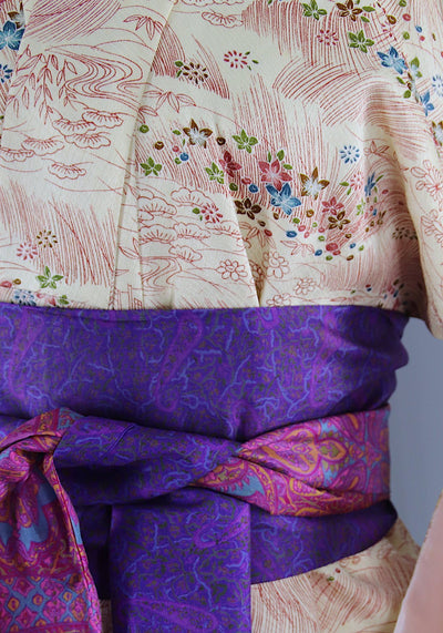 1970s Vintage Silk Kimono Robe / Ivory Magenta Purple Floral Print - ThisBlueBird