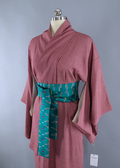 1970s Vintage Silk Kimono Robe / Red Purple Micro Polka Dots - ThisBlueBird