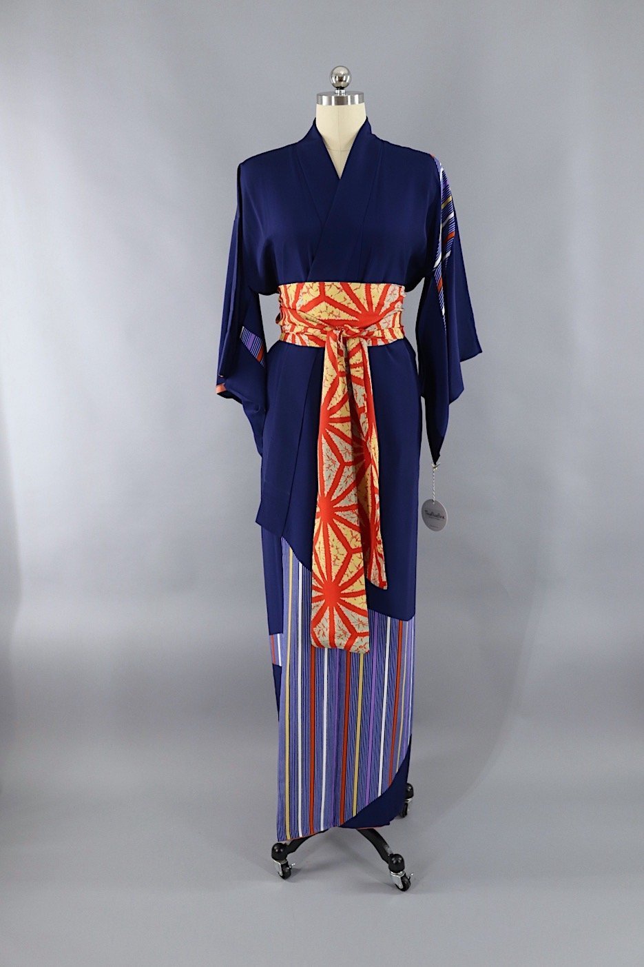 1970s Vintage Silk Kimono Robe / Royal Blue Rainbow Stripes - ThisBlueBird