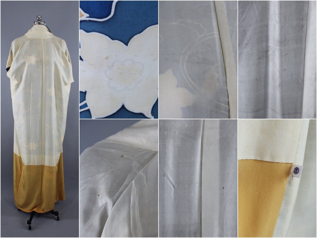 1970s Vintage Silk Kimono Robe with Teal Blue Floral Print - ThisBlueBird