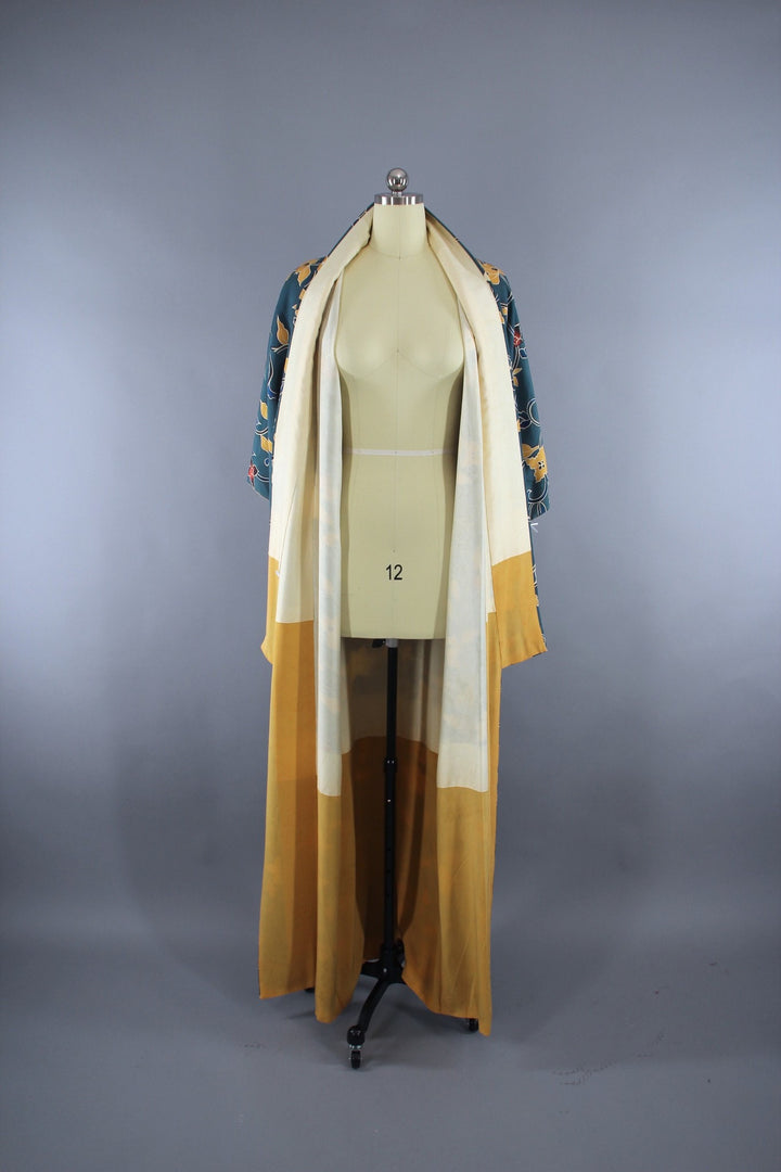 1970s Vintage Silk Kimono Robe with Teal Blue Floral Print - ThisBlueBird