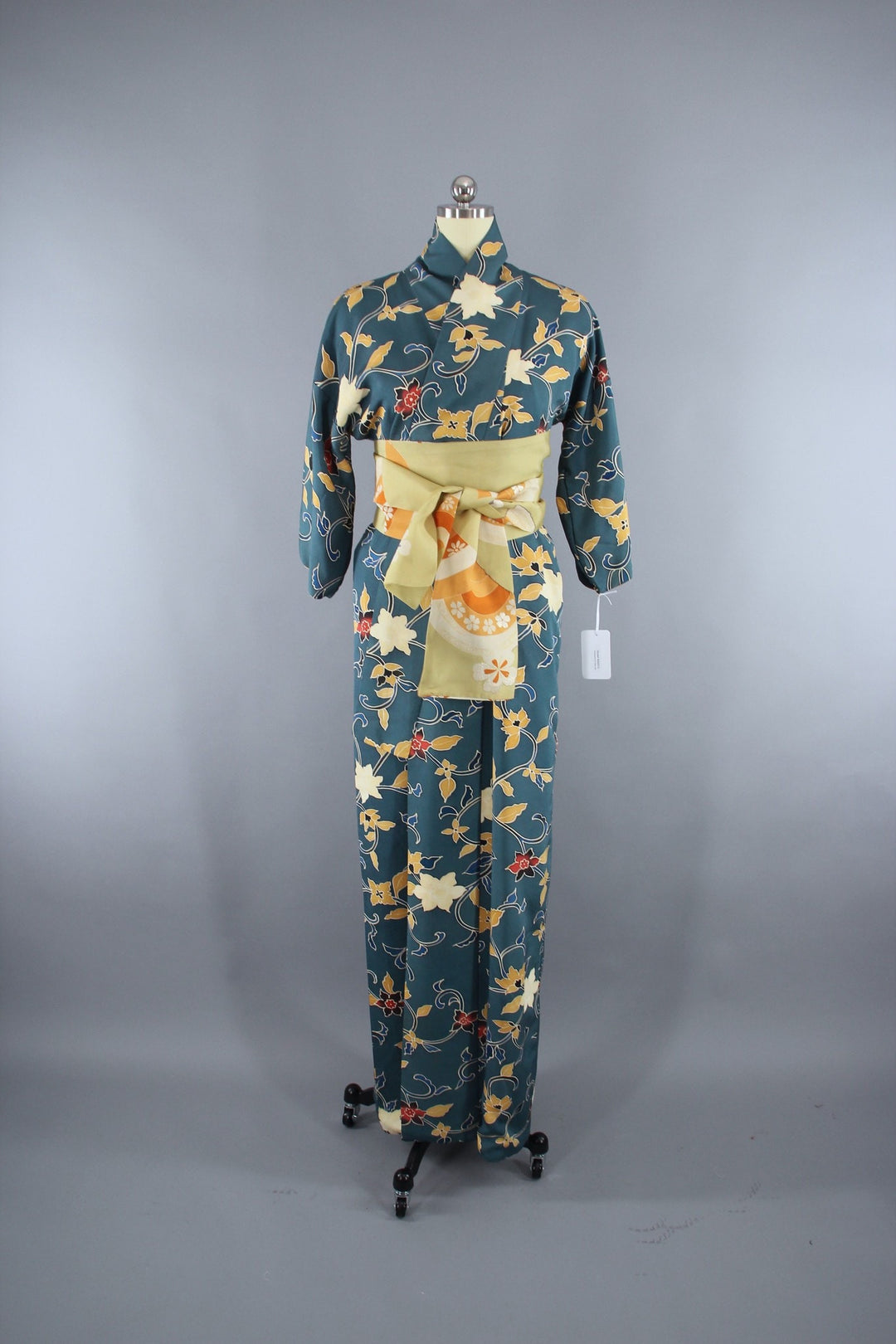 1970s Vintage Silk Kimono Robe with Teal Blue Floral Print - ThisBlueBird