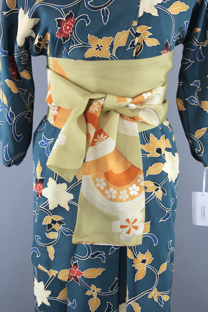 1970s Vintage Silk Kimono Robe with Teal Blue Floral Print - ThisBlueBird
