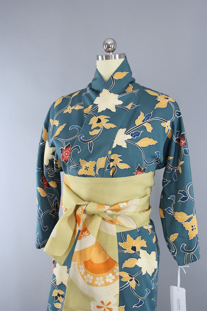 1970s Vintage Silk Kimono Robe with Teal Blue Floral Print - ThisBlueBird