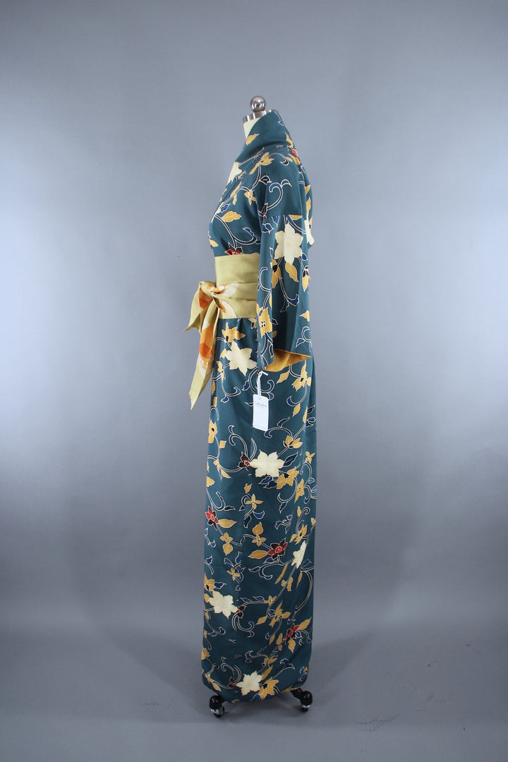 1970s Vintage Silk Kimono Robe with Teal Blue Floral Print - ThisBlueBird
