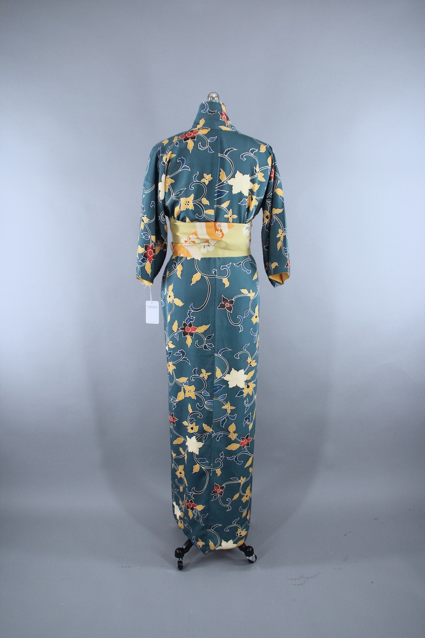 1970s Vintage Silk Kimono Robe with Teal Blue Floral Print - ThisBlueBird