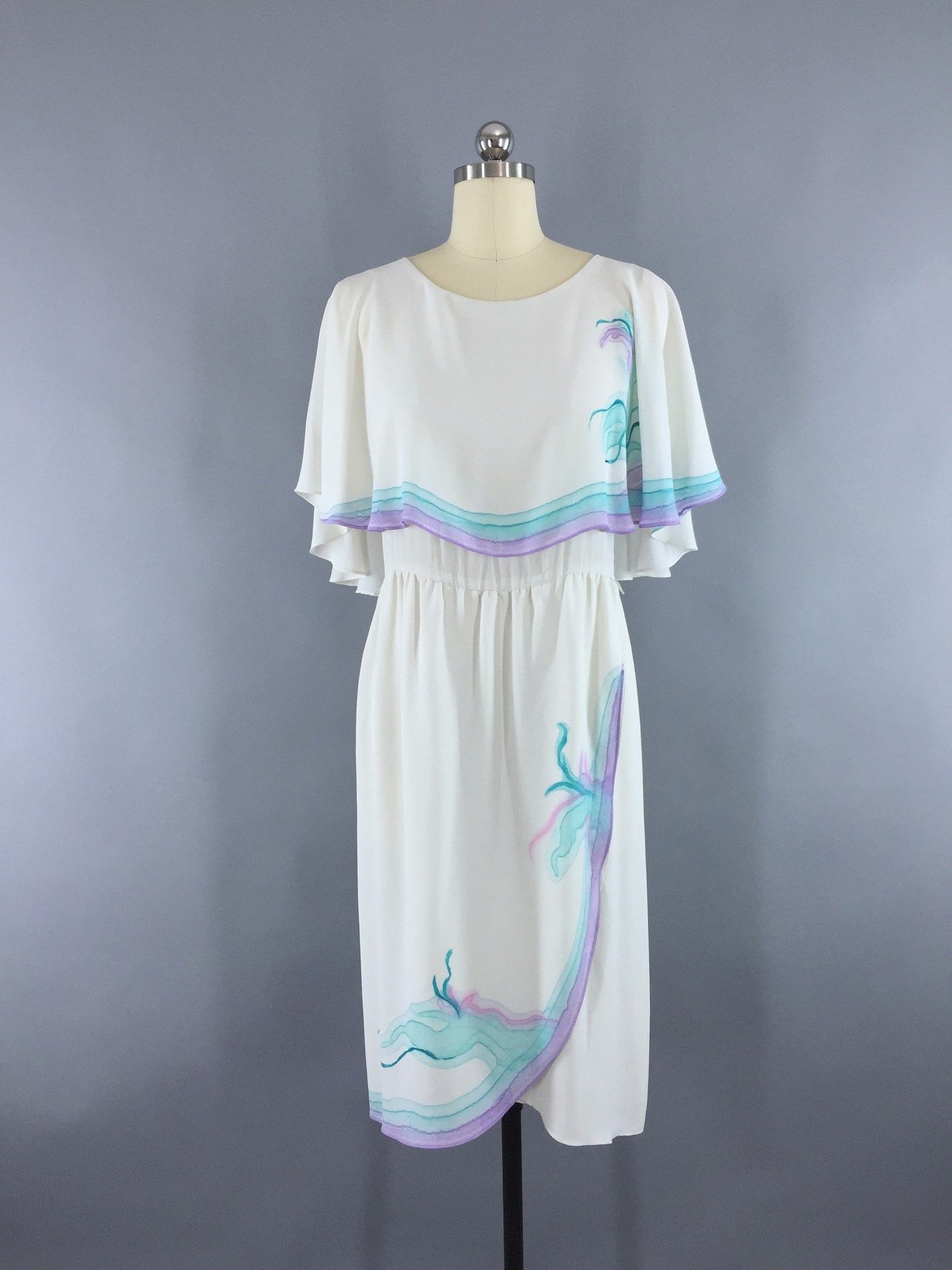 1970s Vintage Watercolor White Chiffon Day Dress - ThisBlueBird