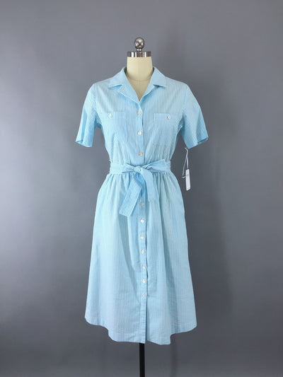 1980s Vintage Blue Striped Seersucker Day Dress - ThisBlueBird