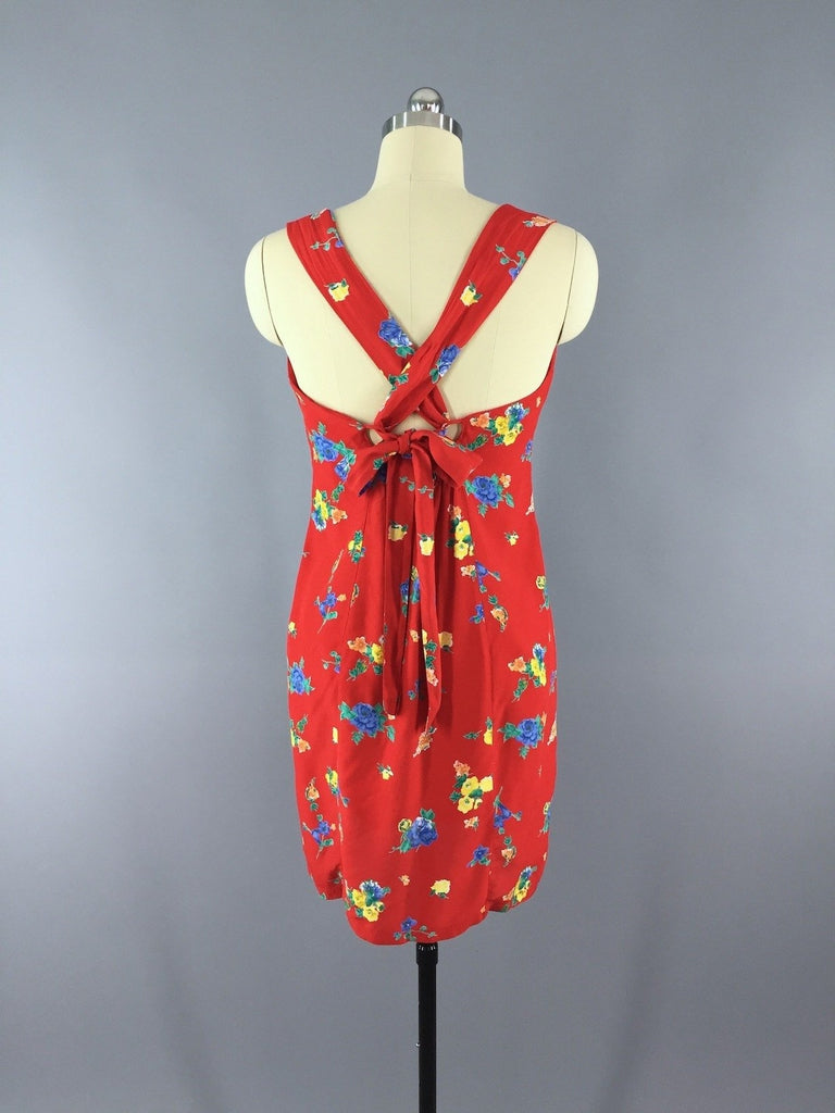 1980s Vintage Floral Print Red Sundress - ThisBlueBird