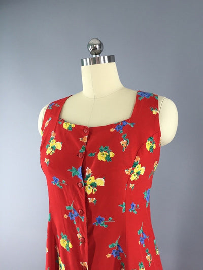 1980s Vintage Floral Print Red Sundress - ThisBlueBird