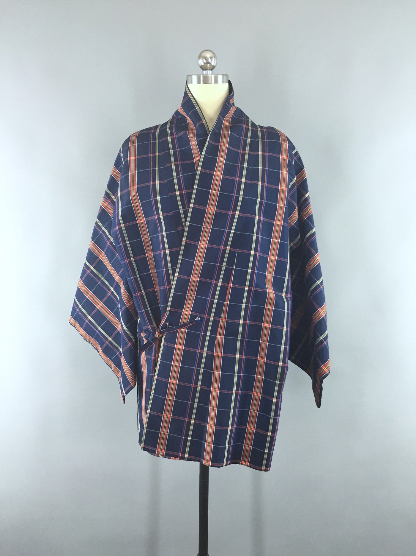 1980s Vintage Haori Kimono Cardigan Blue Plaid Wrap Coat Douchugi - ThisBlueBird