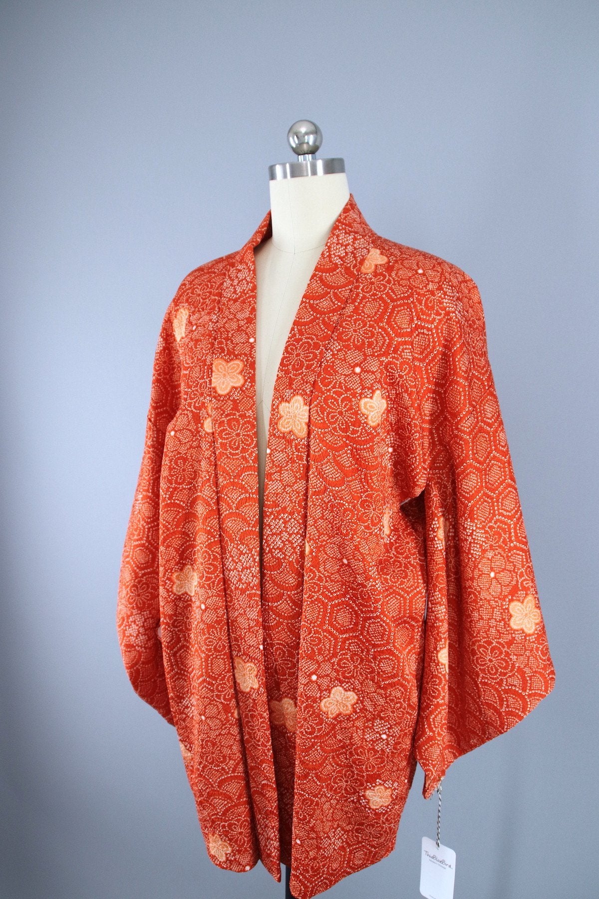 1980s Vintage Haori Kimono Jacket Cardigan / Orange & White Shibori - ThisBlueBird