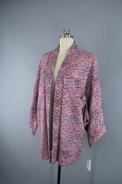 1980s Vintage Haori Kimono Jacket Cardigan / Purple Shibori Print - ThisBlueBird