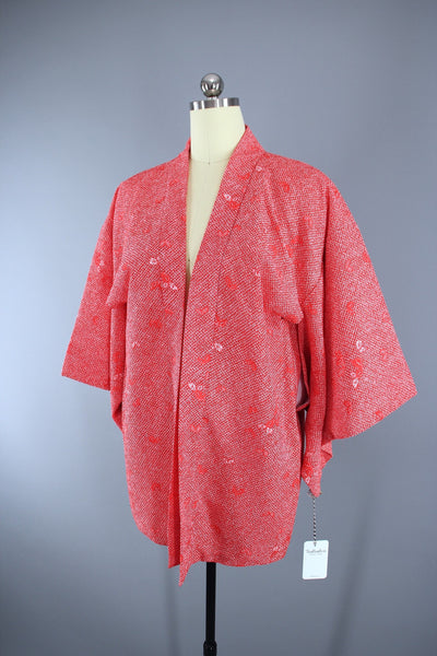 1980s Vintage Haori Kimono Jacket Cardigan / Watermelon Pink Shibori Print - ThisBlueBird