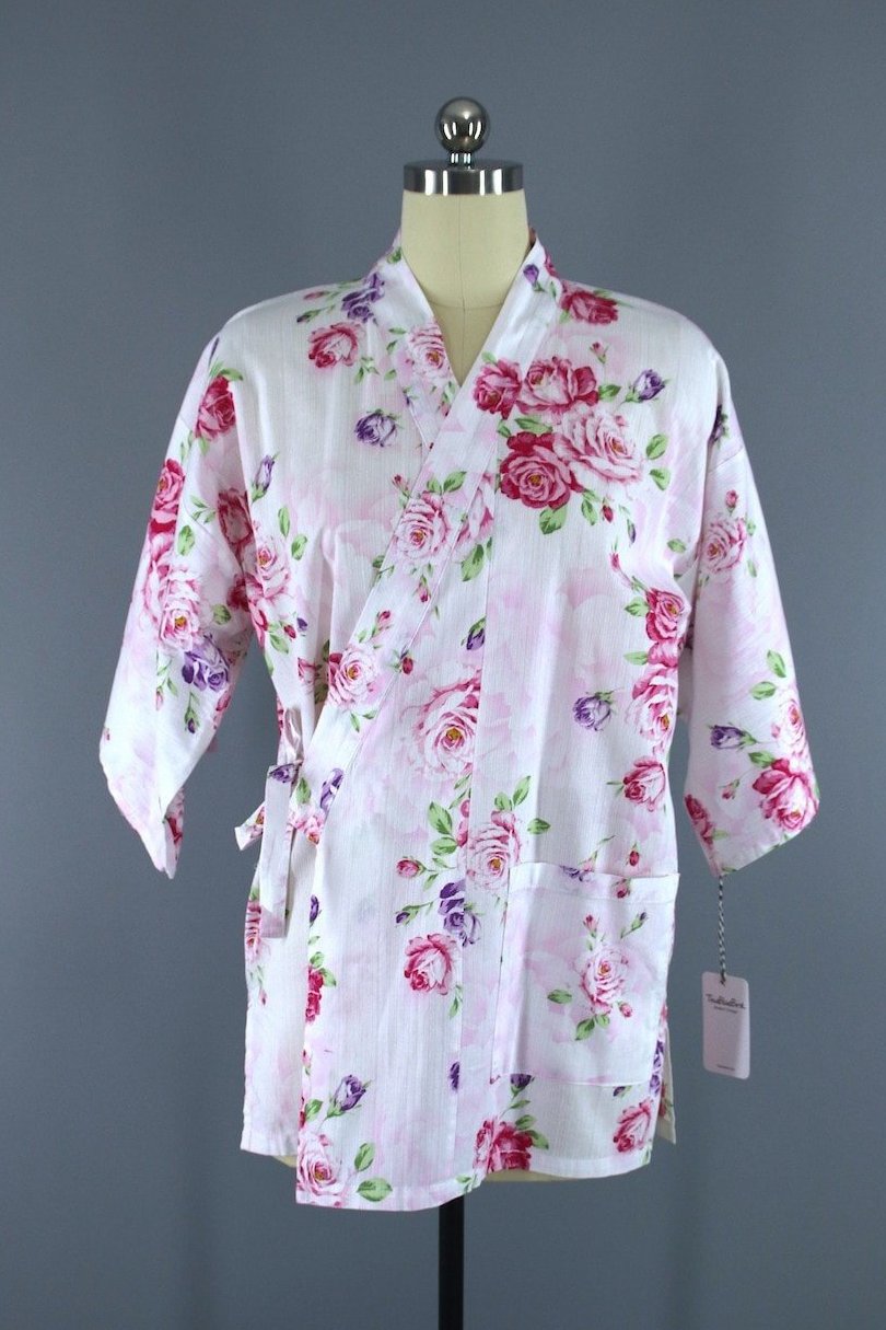 1980s Vintage Kimono Jacket / White Pink Rose Floral Print Cotton - ThisBlueBird