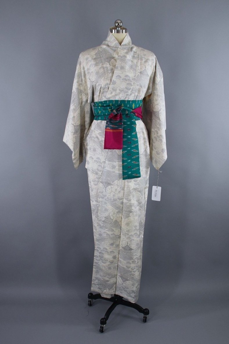 1980s Vintage Kimono Robe / White & Blue Dotted Print - ThisBlueBird
