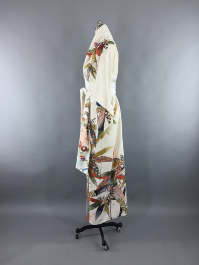 1980s Vintage Kimono Robe with White Floral Print - ThisBlueBird