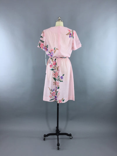 1980s Vintage Pastel Pink Floral Print Dress - ThisBlueBird