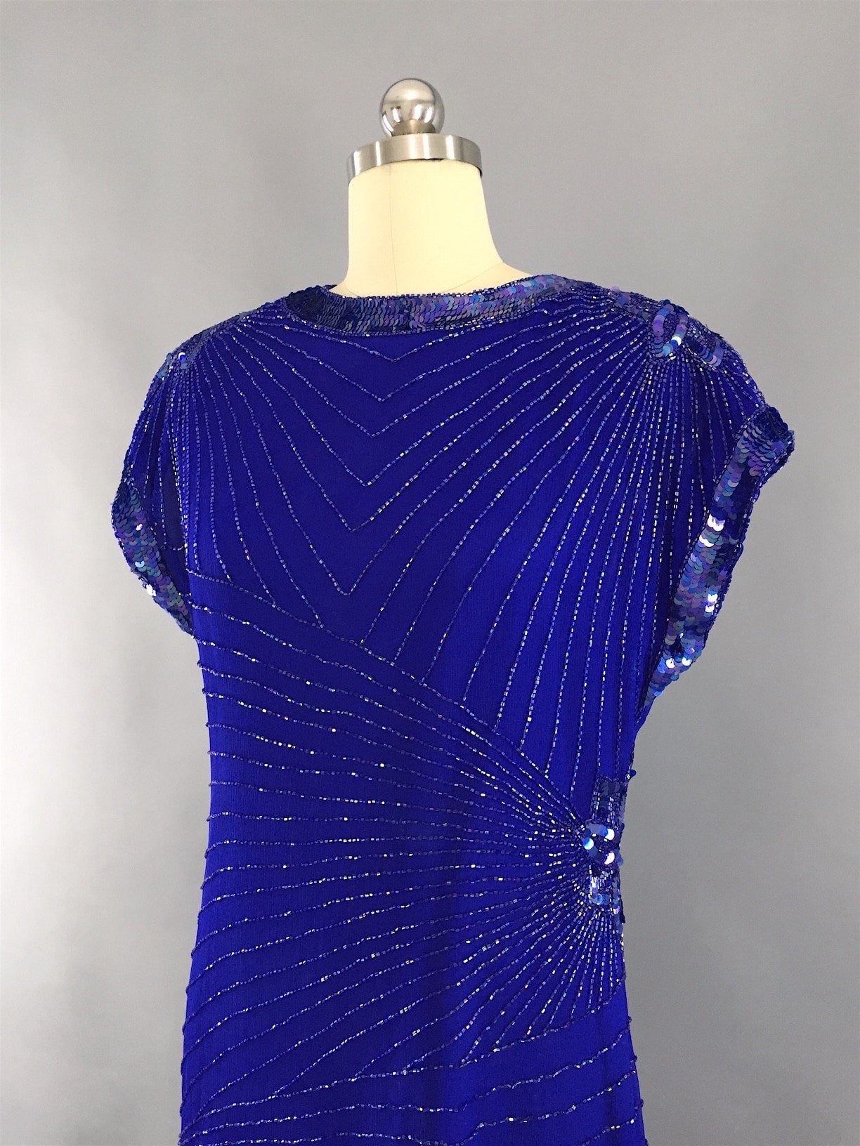 1980s Vintage Royal Blue Art Deco Beaded Trophy Cocktail Dress - ThisBlueBird