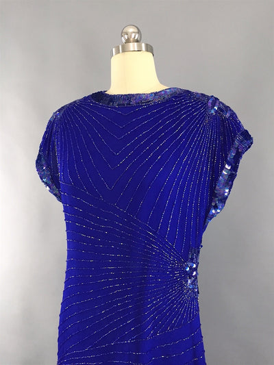 1980s Vintage Royal Blue Art Deco Beaded Trophy Cocktail Dress - ThisBlueBird