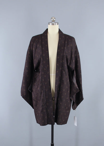 1980s Vintage Silk Haori Kimono Jacket Cardigan / Brown Ikat - ThisBlueBird
