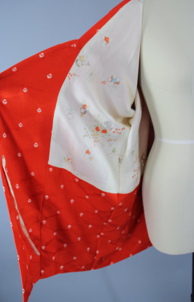 1980s Vintage Silk Kimono Coat Jacket / Tomato Red Shibori - ThisBlueBird