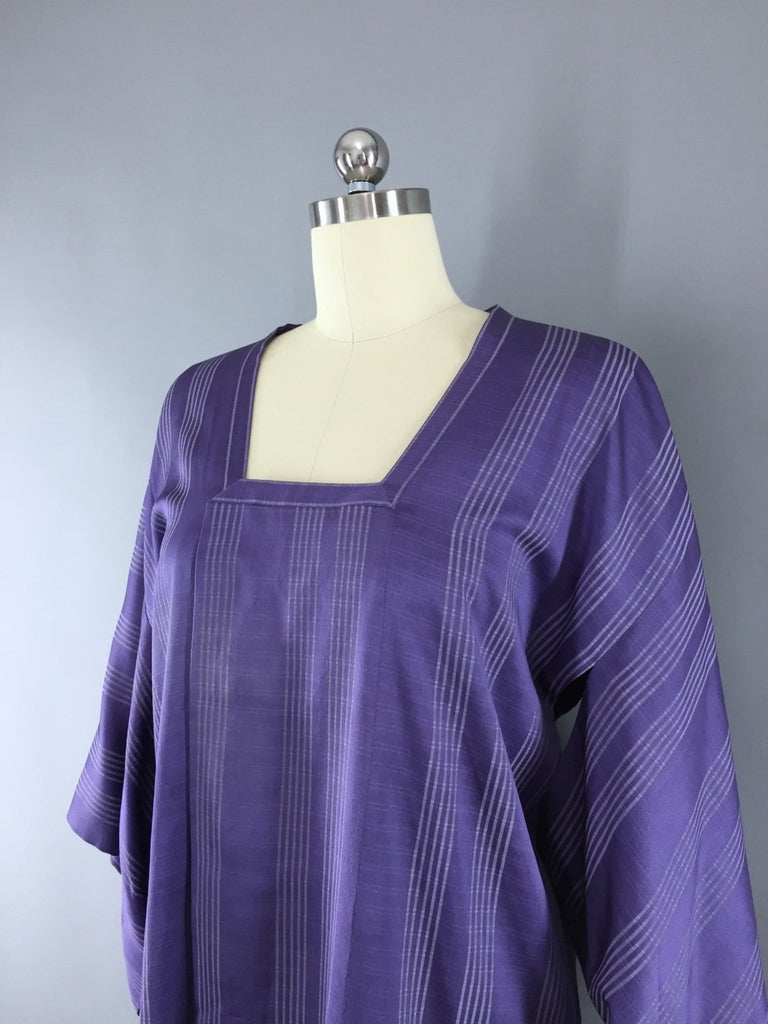 1980s Vintage Silk Kimono Jacket Michiyuki Coat with Lavender Purple Stripes - ThisBlueBird