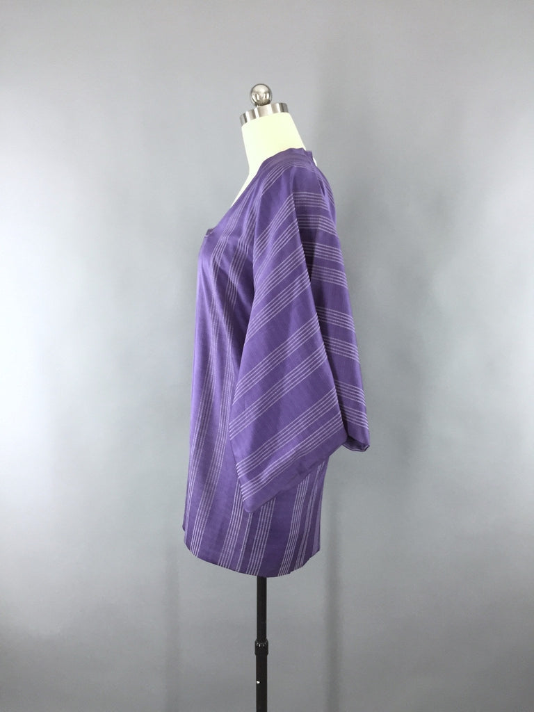 1980s Vintage Silk Kimono Jacket Michiyuki Coat with Lavender Purple Stripes - ThisBlueBird