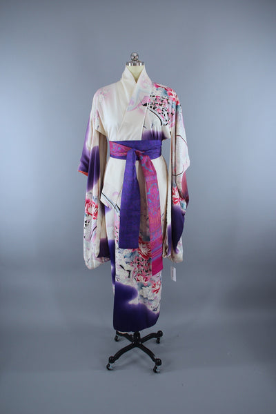 1980s Vintage Silk Kimono Robe / Purple & White Floral Furisode - ThisBlueBird