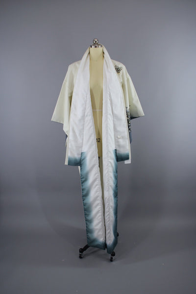 1980s Vintage Silk Kimono Robe / White, Blue, Grey Floral Print - ThisBlueBird