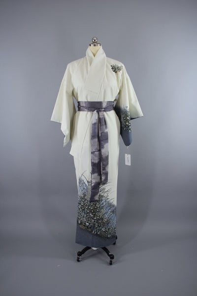 1980s Vintage Silk Kimono Robe / White, Blue, Grey Floral Print - ThisBlueBird