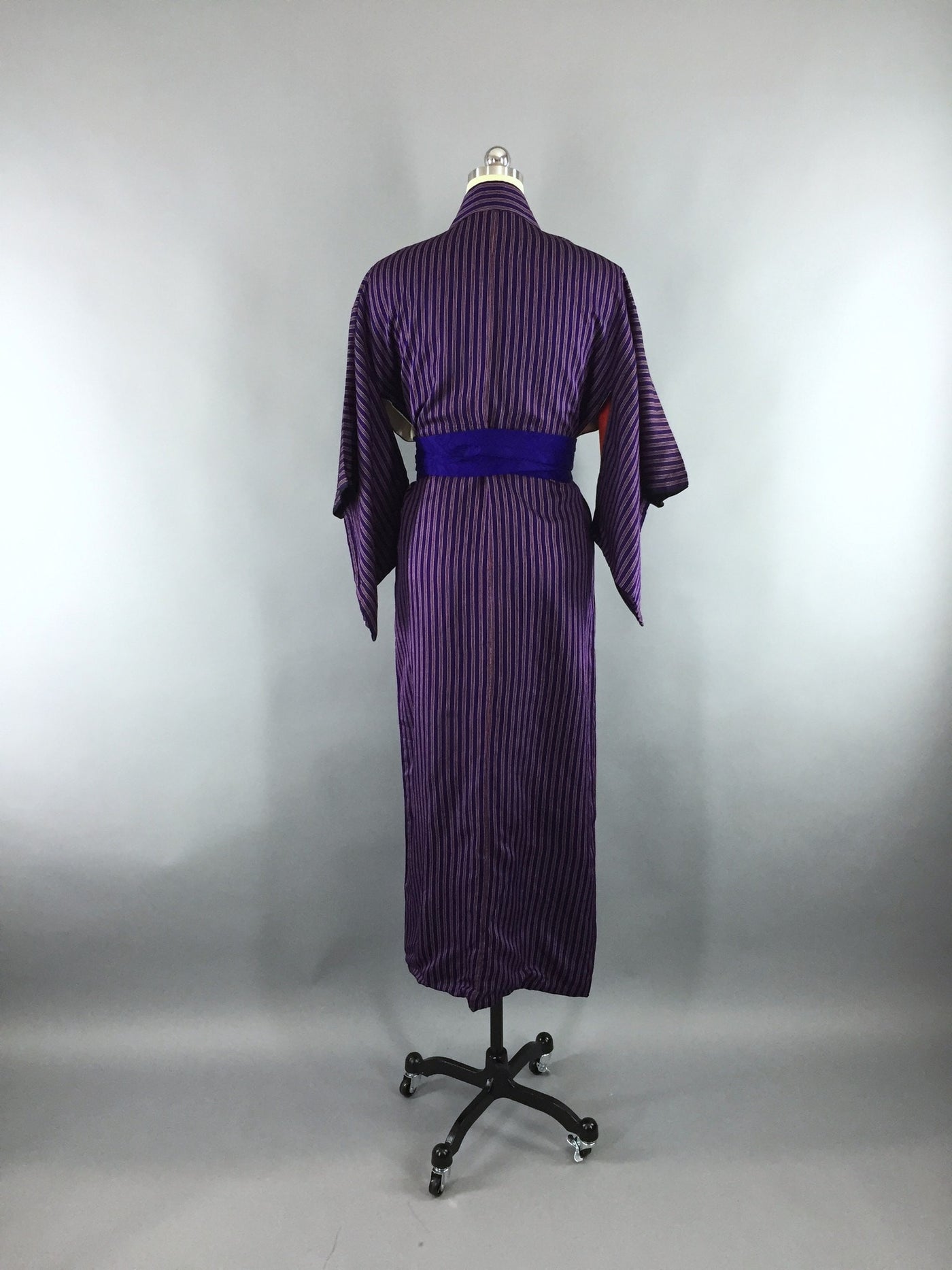 1980s Vintage Silk Kimono Robe with Blue and Purple Pinstripes - ThisBlueBird