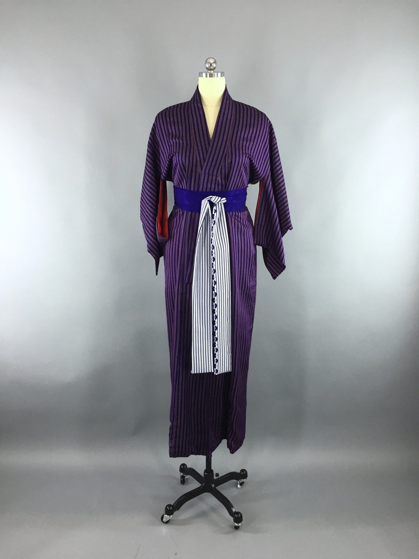 1980s Vintage Silk Kimono Robe with Blue and Purple Pinstripes - ThisBlueBird