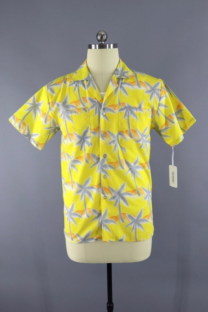 1980s Vintage Tropicana Hawaiian Print Shirt / Yellow Palm Tree Print - ThisBlueBird