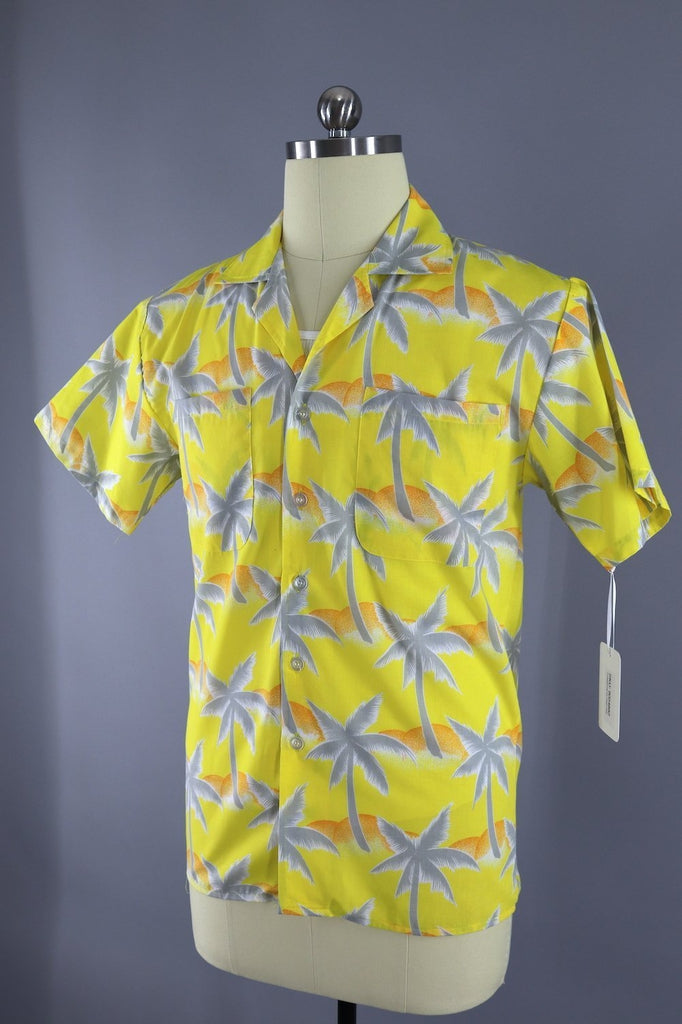 1980s Vintage Tropicana Hawaiian Print Shirt / Yellow Palm Tree Print - ThisBlueBird