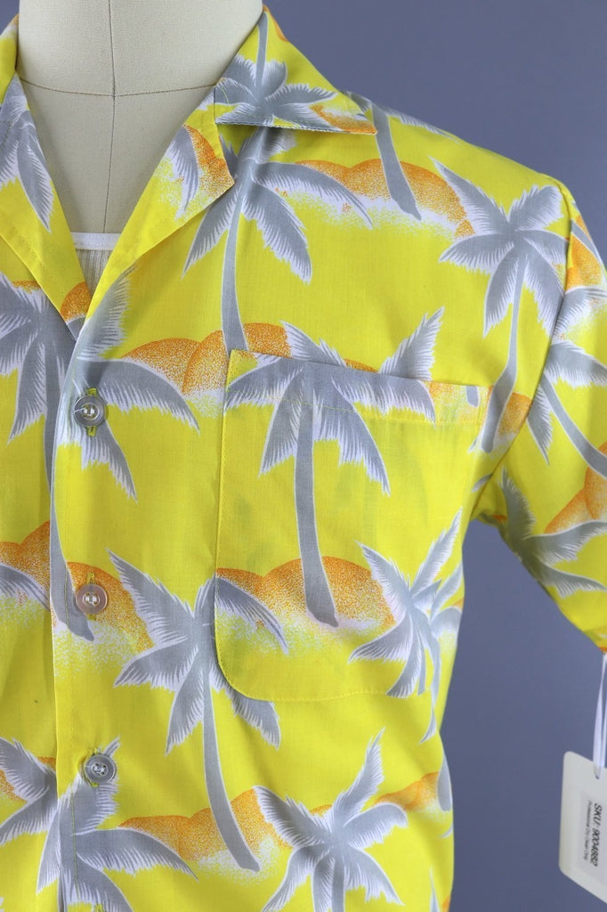 1980s Vintage Tropicana Hawaiian Print Shirt / Yellow Palm Tree Print - ThisBlueBird