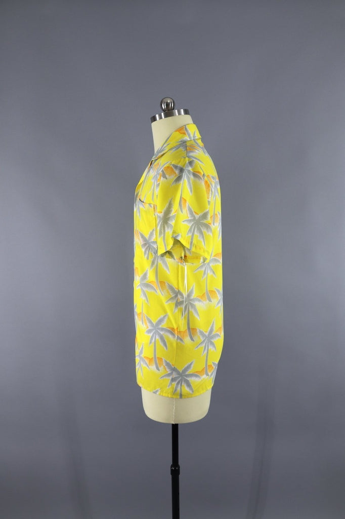 1980s Vintage Tropicana Hawaiian Print Shirt / Yellow Palm Tree Print - ThisBlueBird