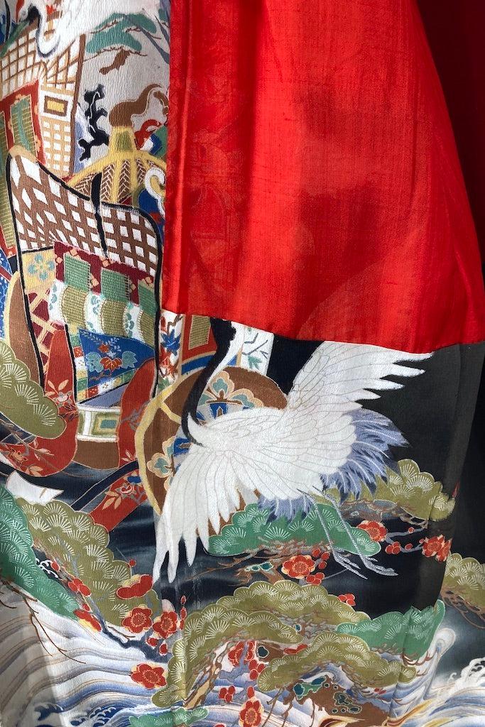 Antique Black Flying Cranes Silk Kimono-ThisBlueBird